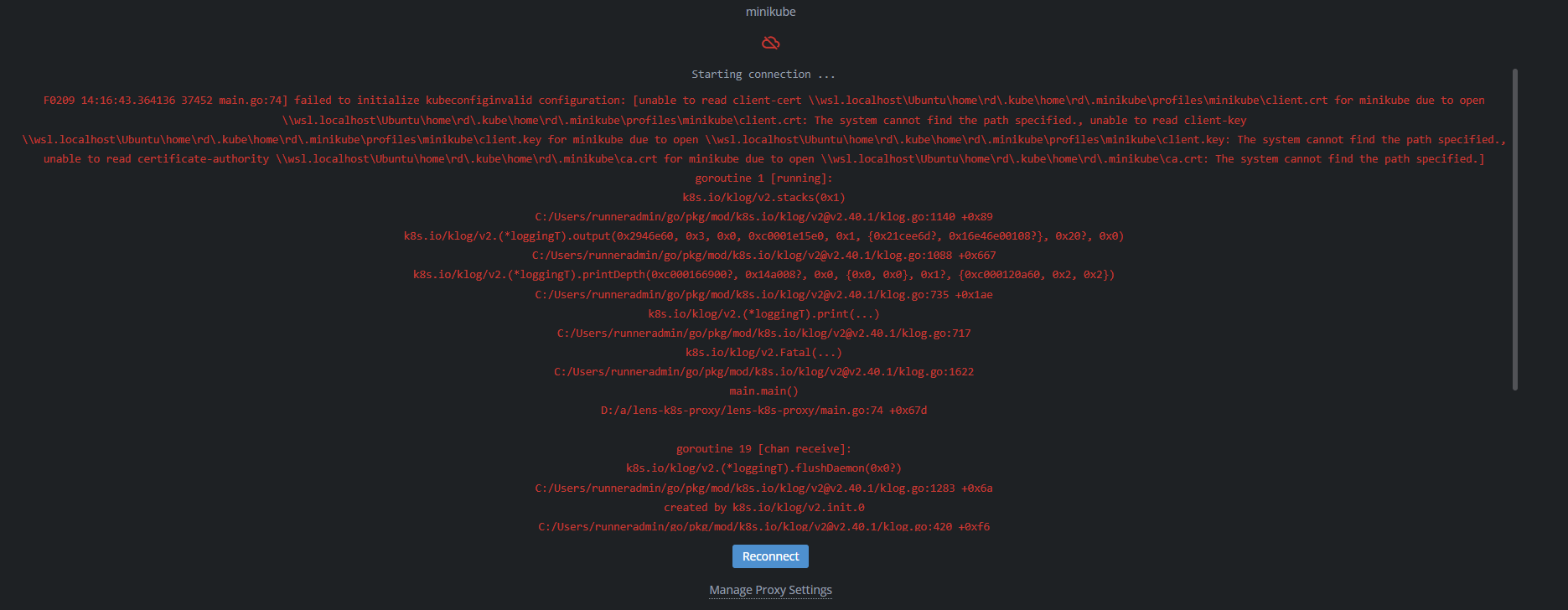 Lens not connected to minikube