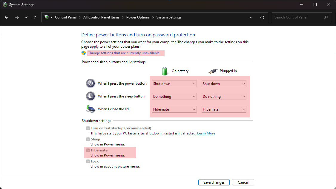 Windows power settings